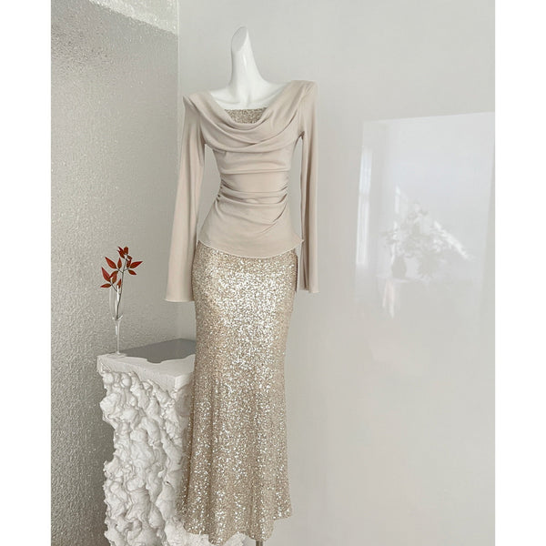 Champagne Sequin Two-Piece Evening Gown