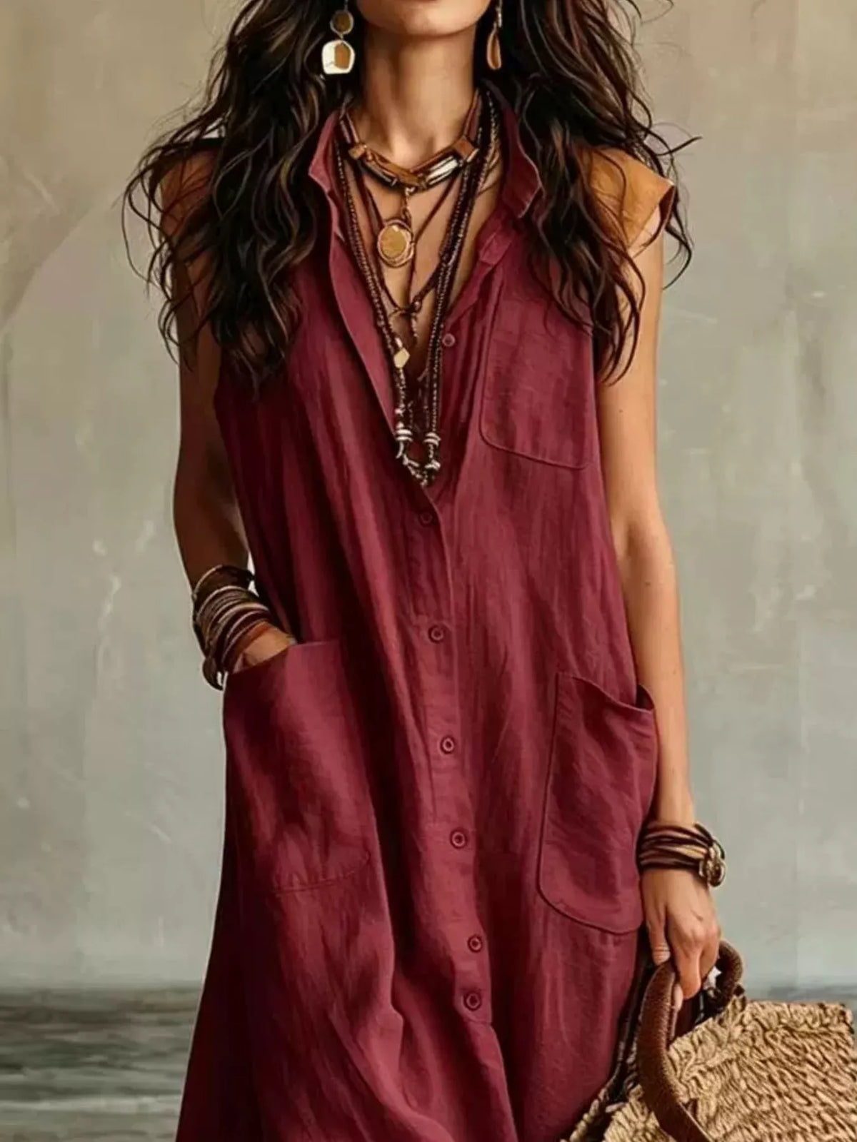 Sleeveless Button-Down Maxi Dress with Pockets