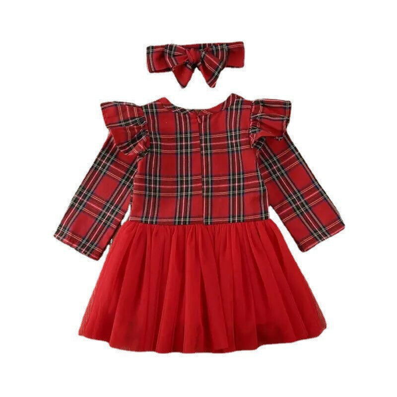 Girls' Christmas Striped Tulle Party Dress with Headband