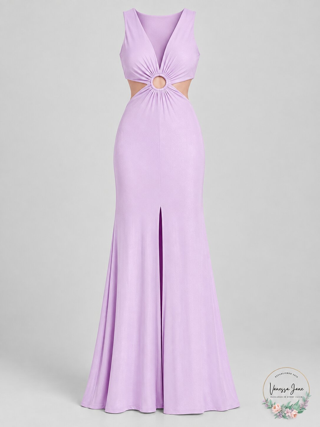 Aqua Ruched Cut-Out Evening Gown