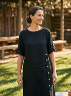 100% Linen Round Neck Button Detail Midi Dress JELENA
