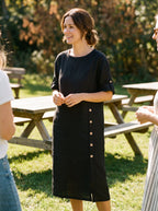 100% Linen Round Neck Button Detail Midi Dress JELENA