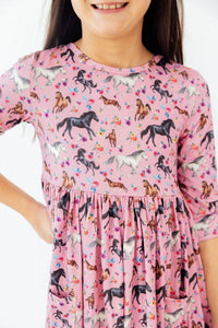 Petals & Ponies 3/4 Sleeve Pocket Twirl Dress